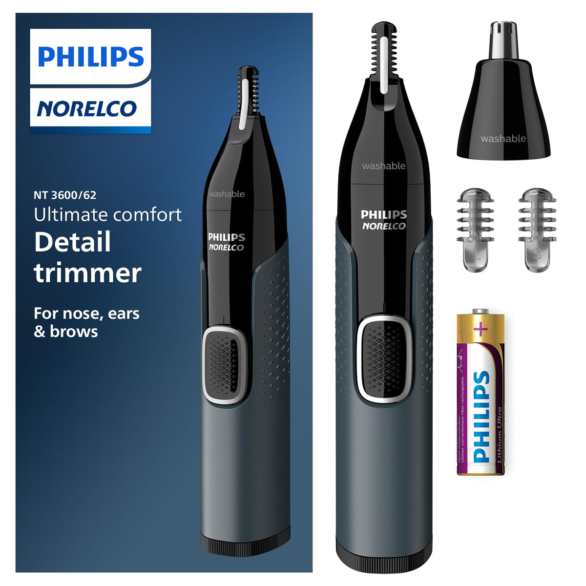 Norelco nose trimmer 3000 front view showing compact design and easy grip benefit