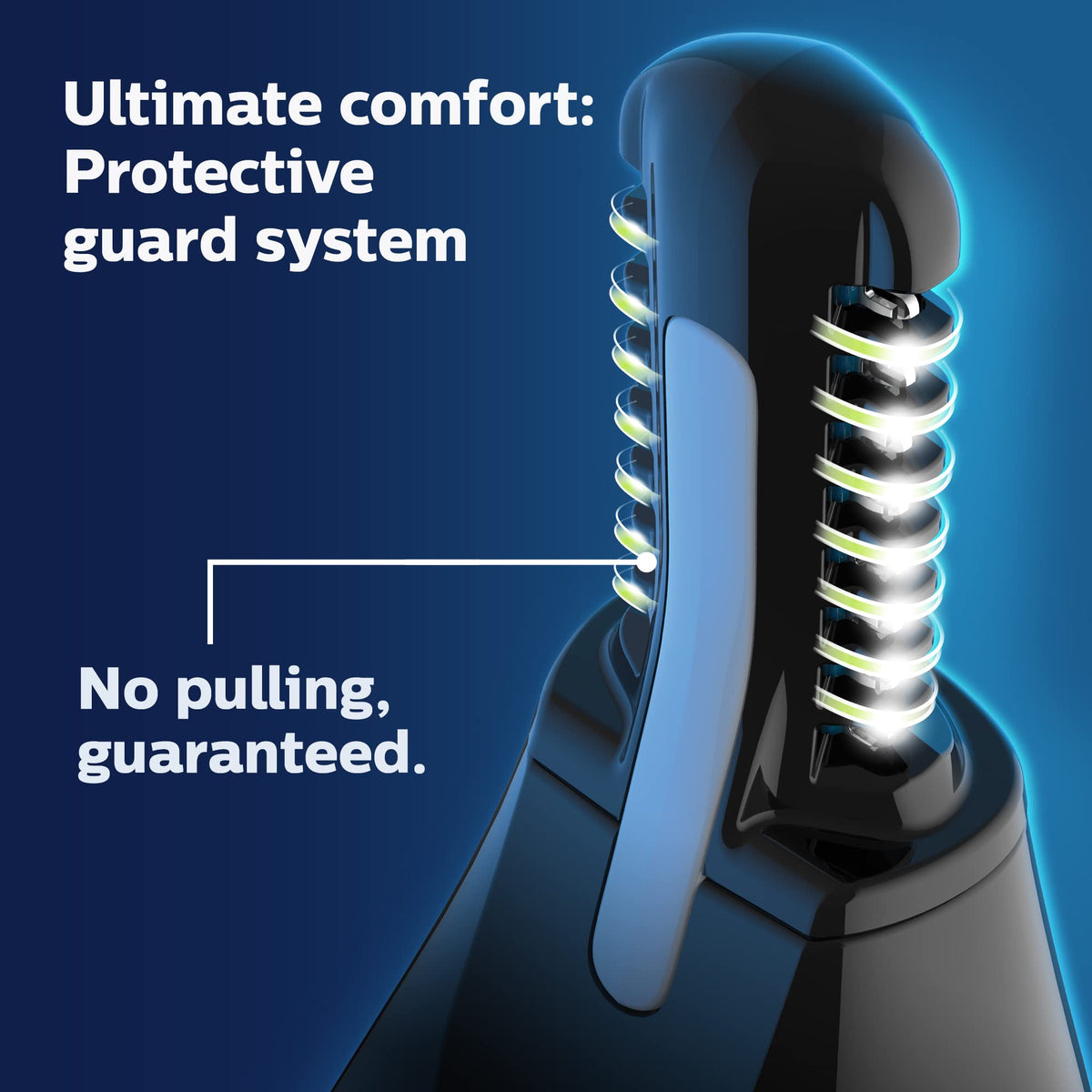 Norelco close-up of trimmer head highlighting dual-sided blades for smooth cuts