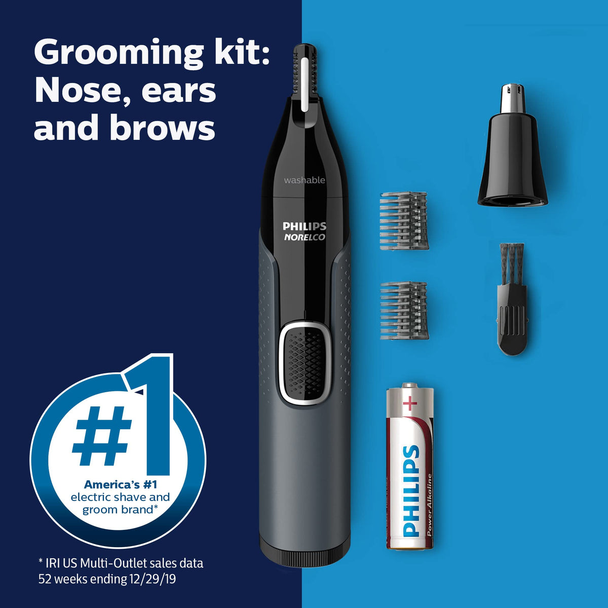 Norelco trimmer with pouch and AA battery ready for travel convenience