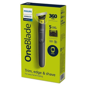Norelco OneBlade 360 blade close-up highlighting flexible edge for contour following
