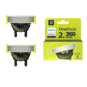 Norelco OneBlade front packaging showing two replacement blades and model info, ensures authentic fit