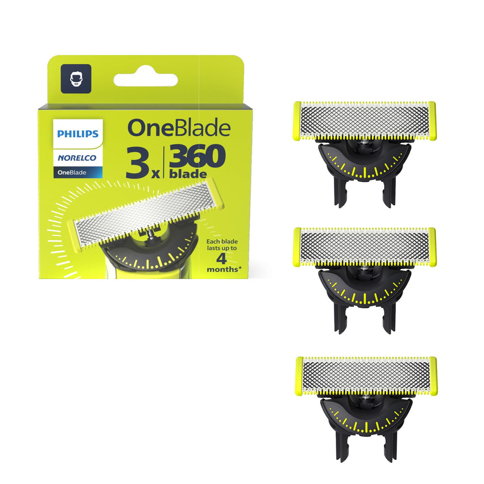 Norelco OneBlade front packaging showing three replacement blades for convenience