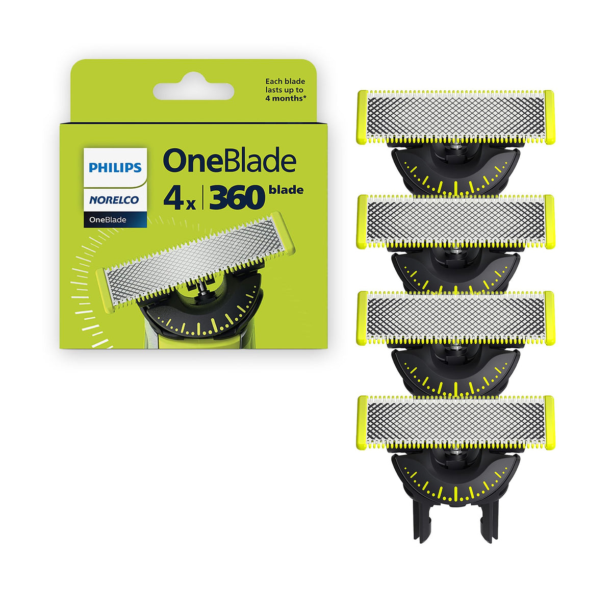 Norelco OneBlade front packaging showing four replacement blades and brand