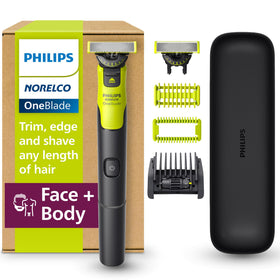 Norelco OneBlade 360 front view showing groomer and ergonomic grip for control