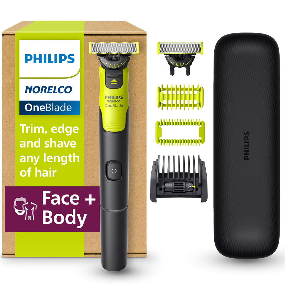 Norelco OneBlade 360 front view showing groomer and ergonomic grip for control