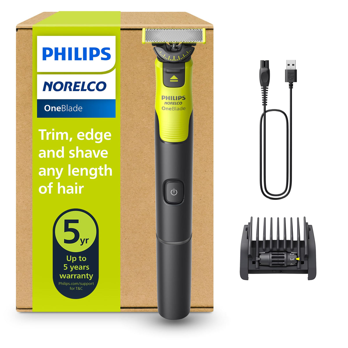 Norelco OneBlade 360 front view showing ergonomic handle and blade for comfortable grip