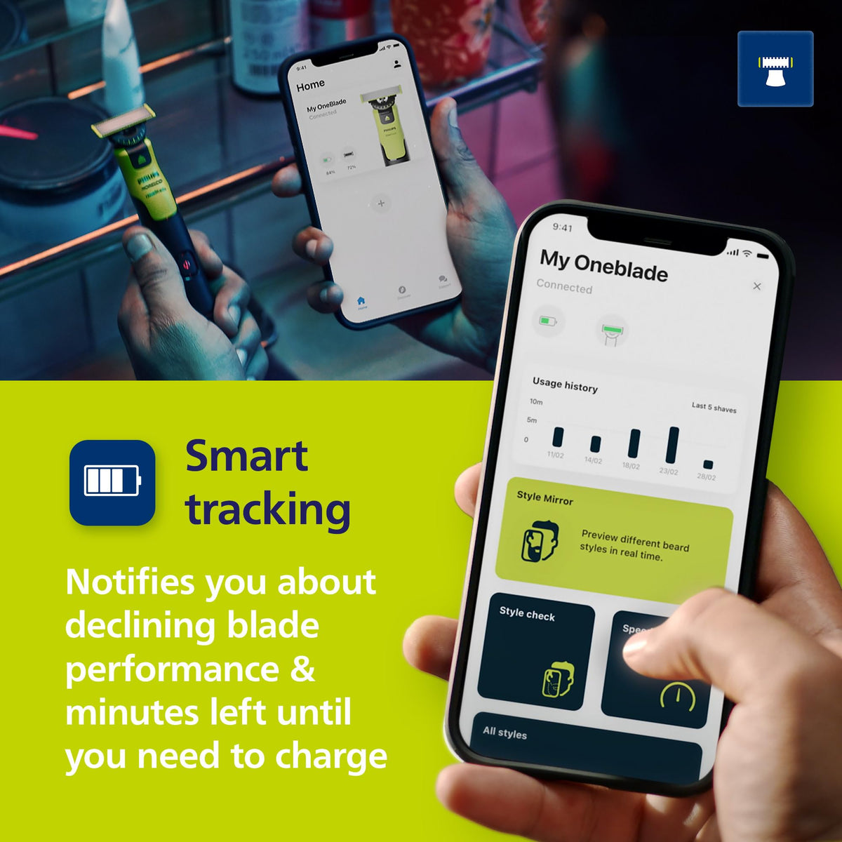 Norelco OneBlade 360 in hand size scale demonstrating compact travel-friendly design