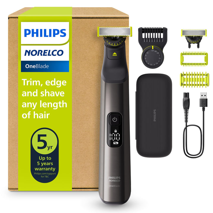 Norelco OneBlade 360 Pro front view showing sleek design and included combs for versatile grooming