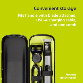 Norelco case with OneBlade handle and blade inside highlighting secure fit and blade protection