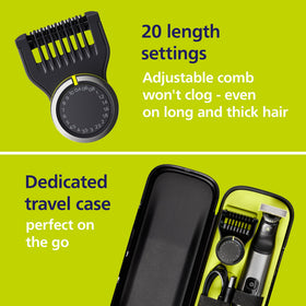 Norelco OneBlade accessories laid out including 20-length comb and body kit for styling options