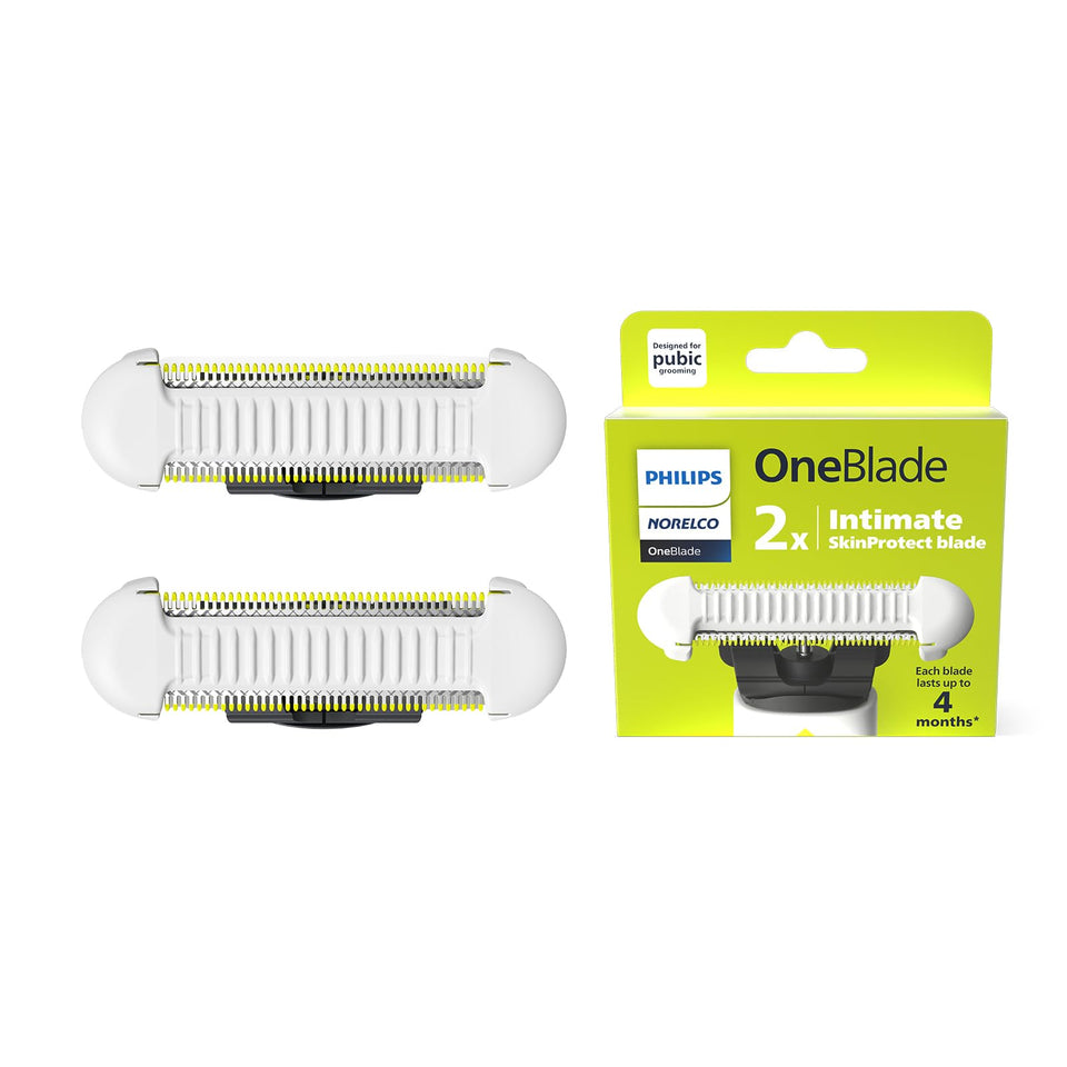 Norelco OneBlade front view showing two replacement blades for reliable grooming
