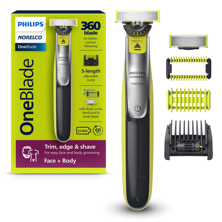 Norelco OneBlade front view showing handle and color accents for easy grip