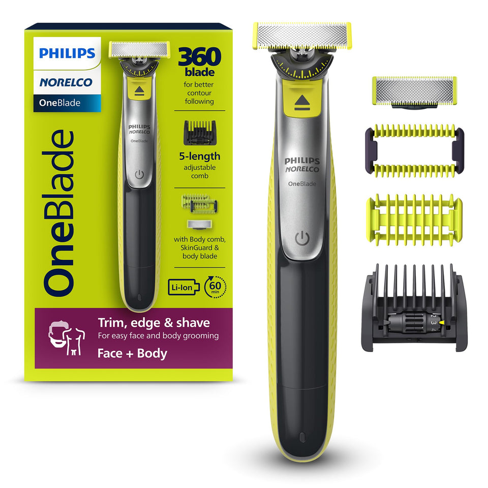 Norelco OneBlade front view showing handle and color accents for easy grip