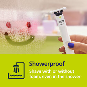 Norelco OneBlade Intimate in shower illustrating waterproof use and simple rinse-clean maintenance