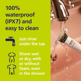 Norelco OneBlade Intimate on bathroom vanity in lifestyle scene indicating daily grooming routine