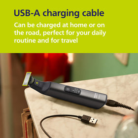 Norelco OneBlade LED display lit showing battery level and travel lock for travel convenience