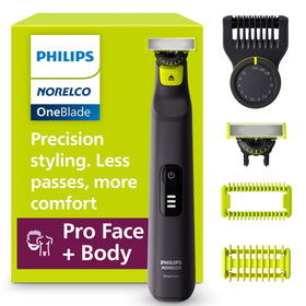 Norelco OneBlade Pro 360 front view showing sleek handle and blade, for precise grooming