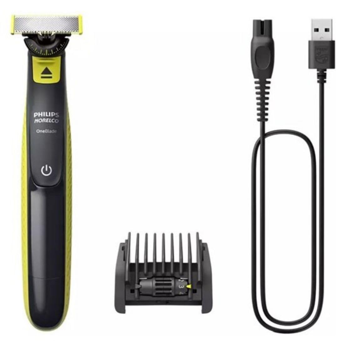 Norelco OneBlade front view showing ergonomic handle and power button for easy control