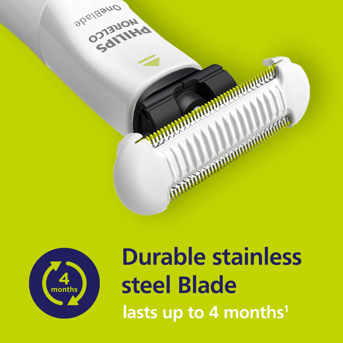 Norelco OneBlade stainless steel blade texture highlighting durable cutting performance