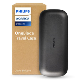 Norelco travel case front view showing sleek protective shell and branding benefit: secure transport