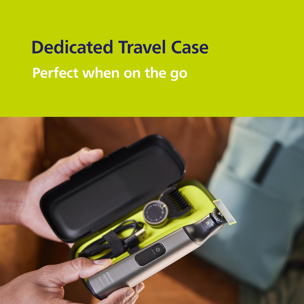Norelco case packed in a travel toiletry bag demonstrating organized grooming gear on the go