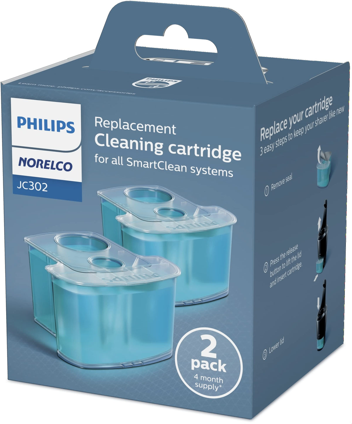 Norelco open pack revealing two cartridges for extended cleaning benefit