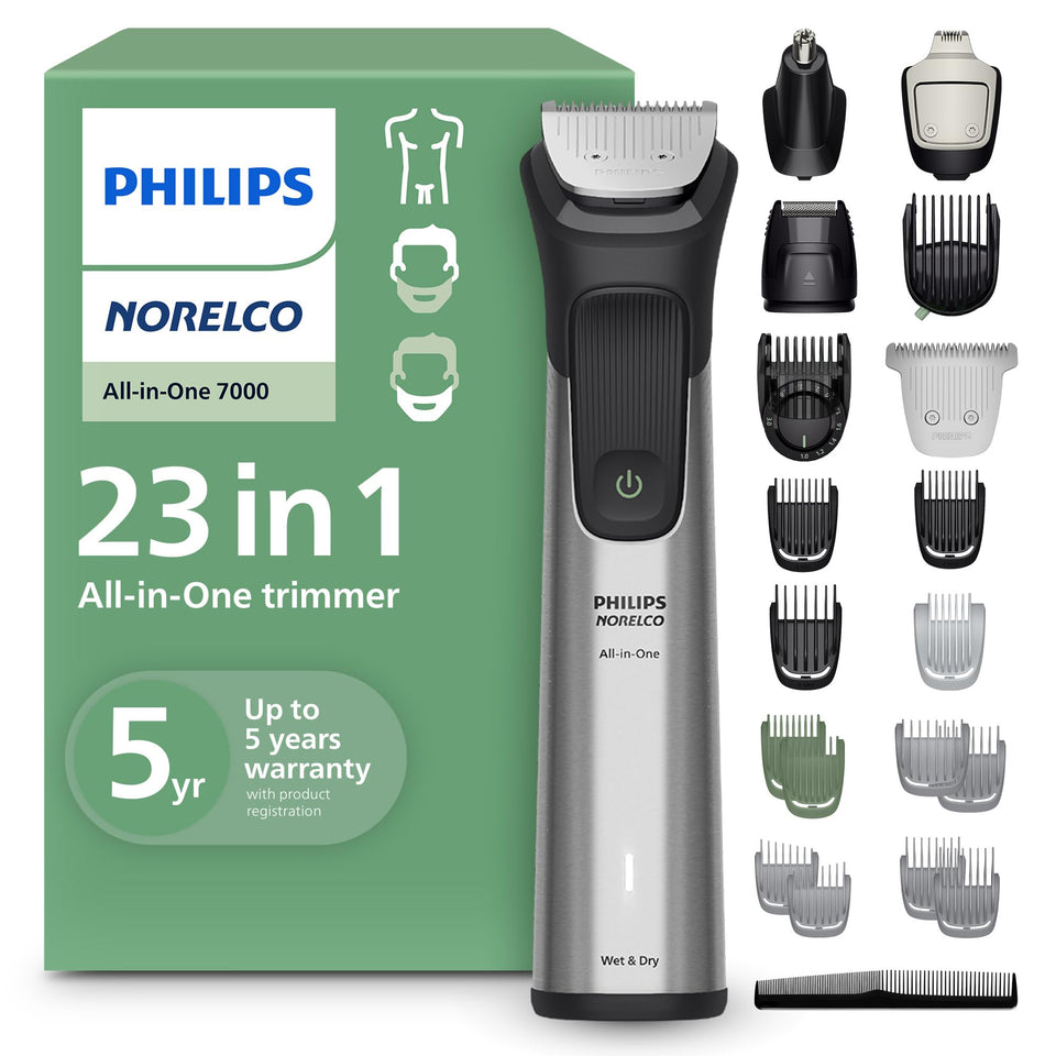 Norelco Philips 7000 front view showing tool and ergonomic grip for comfortable handling