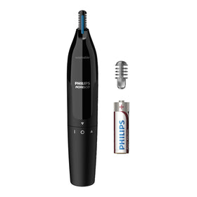 Norelco trimmer front view showing compact design and no-pull benefit