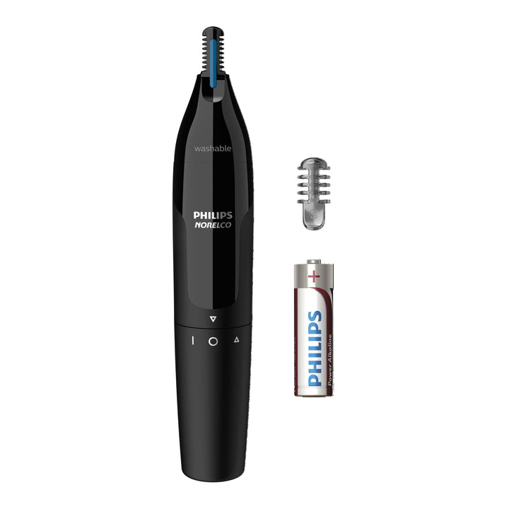 Norelco trimmer front view showing compact design and no-pull benefit