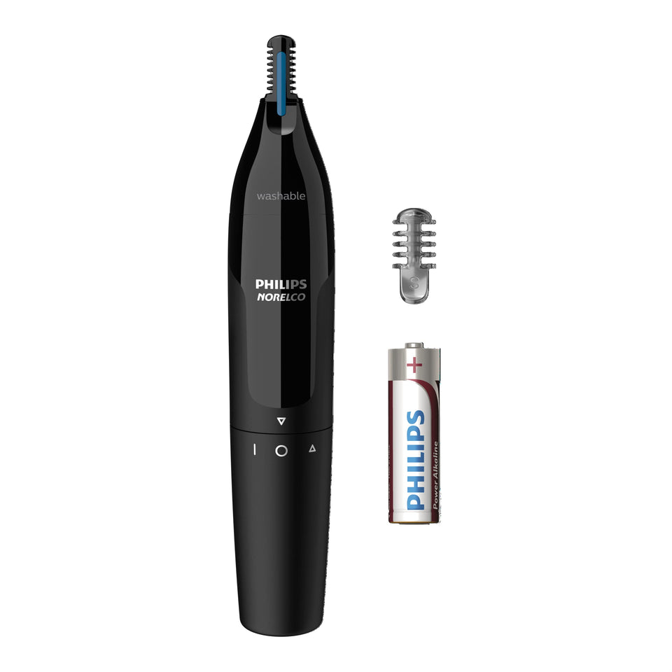 Norelco trimmer front view showing compact design and no-pull benefit