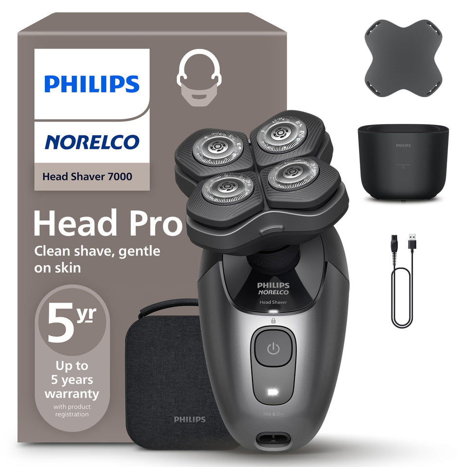 Philips Norelco front view showing compact cordless head shaver, reliable handling