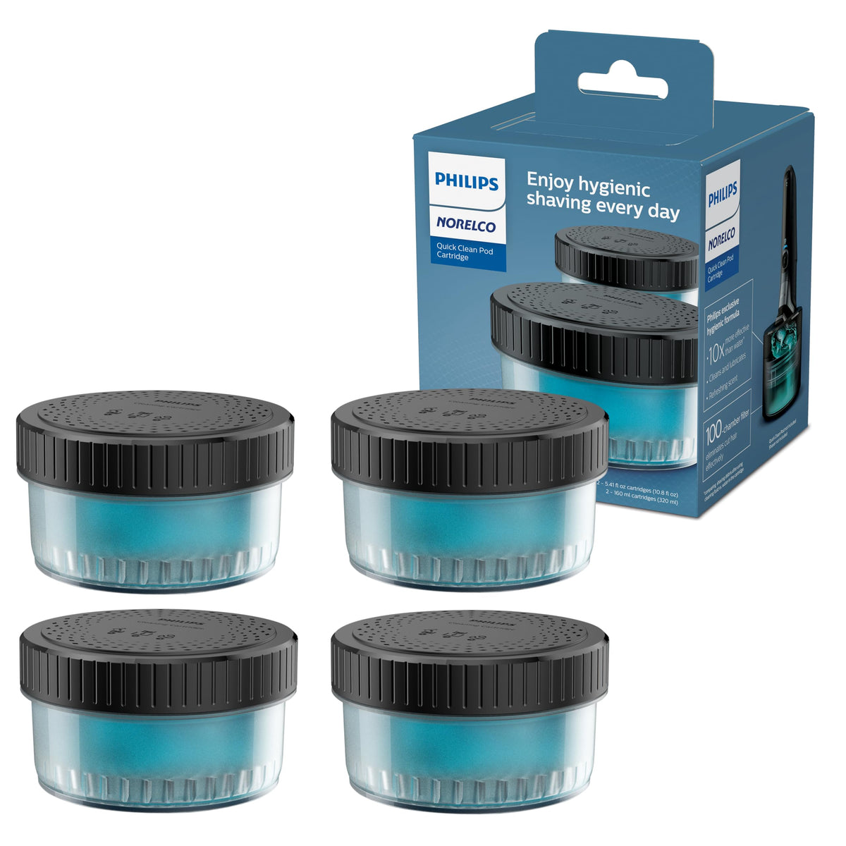 Norelco front packaging showing four cartridges and clear product benefits
