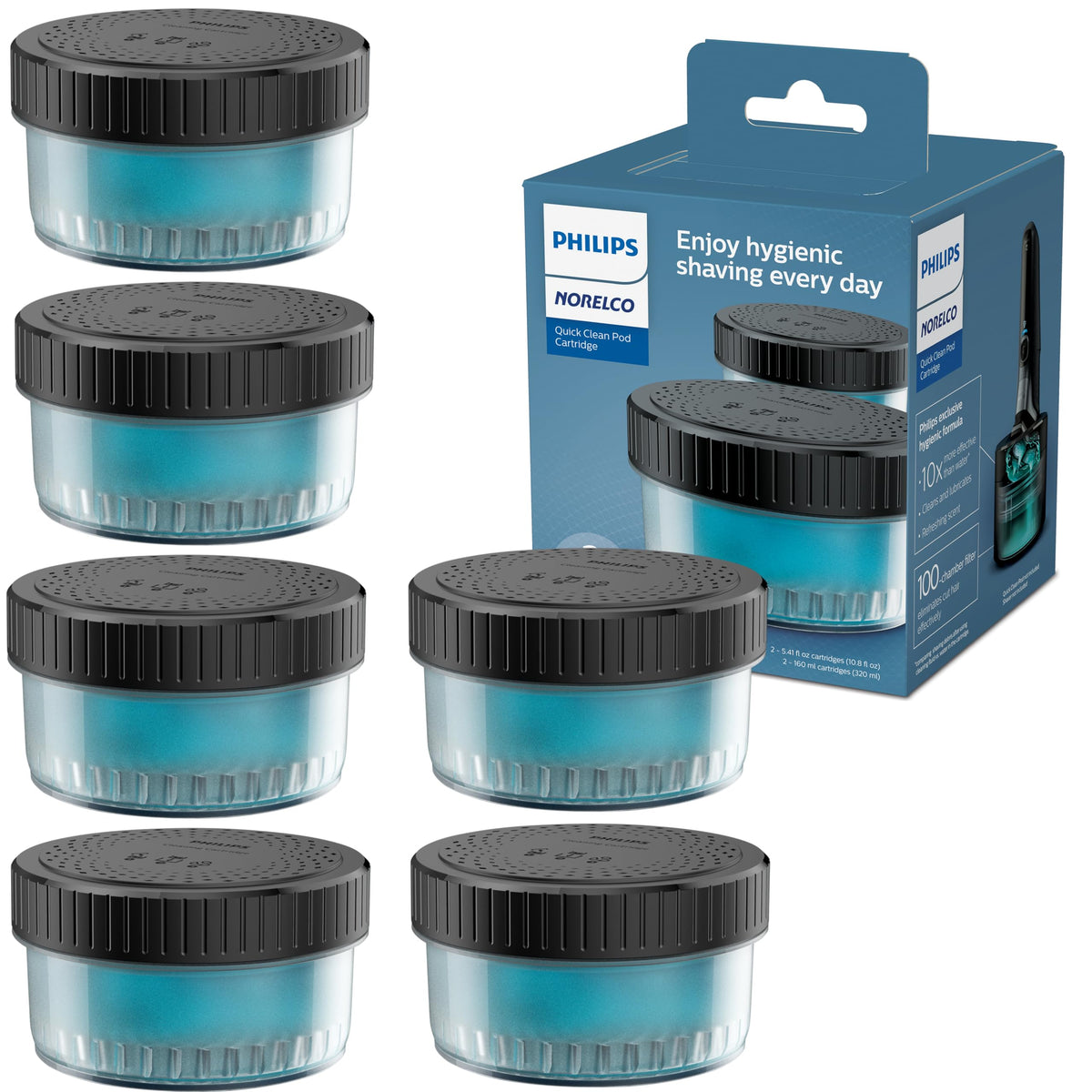 Norelco Quick Clean Pod pack front view showing six cartridges and convenience