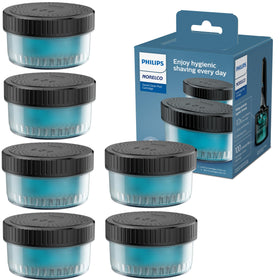 Norelco Quick Clean Pod pack front view showing six cartridges and convenience