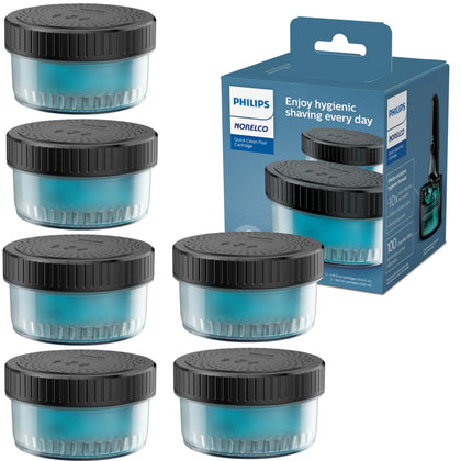 Norelco Quick Clean Pod pack front view showing six cartridges and convenience
