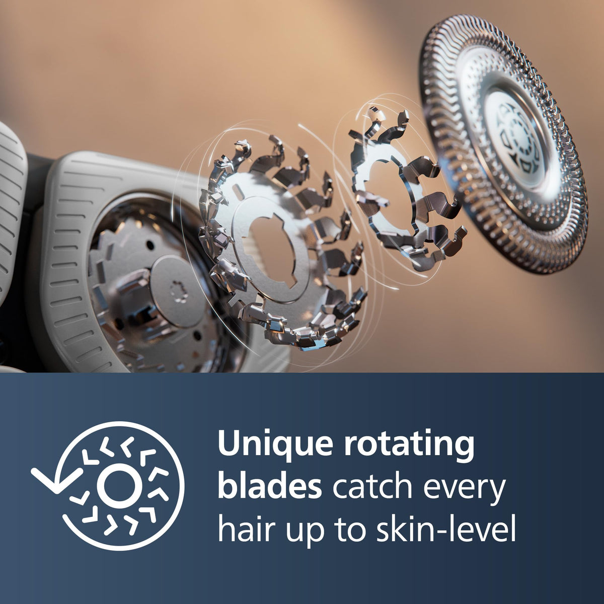 Norelco rotating heads detail showing 360-degree flex for smooth contour following