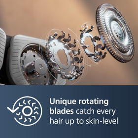 Norelco rotating heads detail showing 360-degree flex for smooth contour following