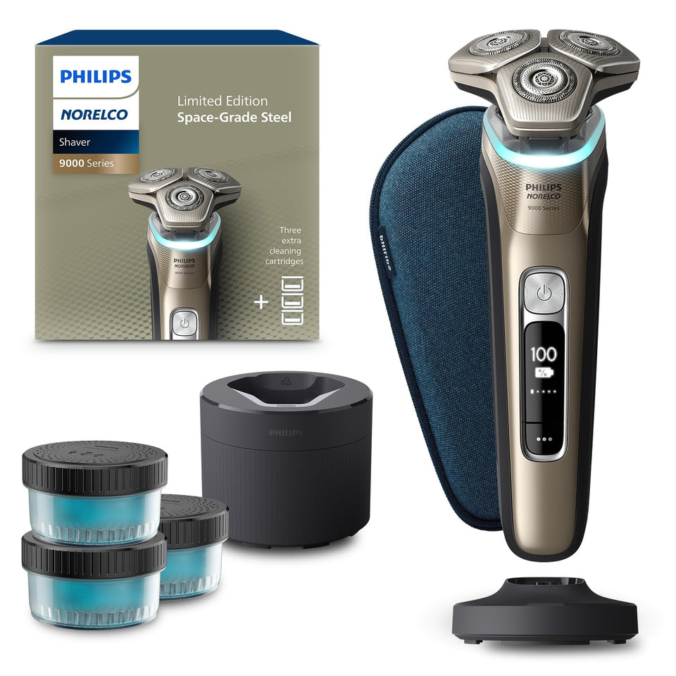 Norelco Series 9000 front view showing sleek design and controls for confident grooming