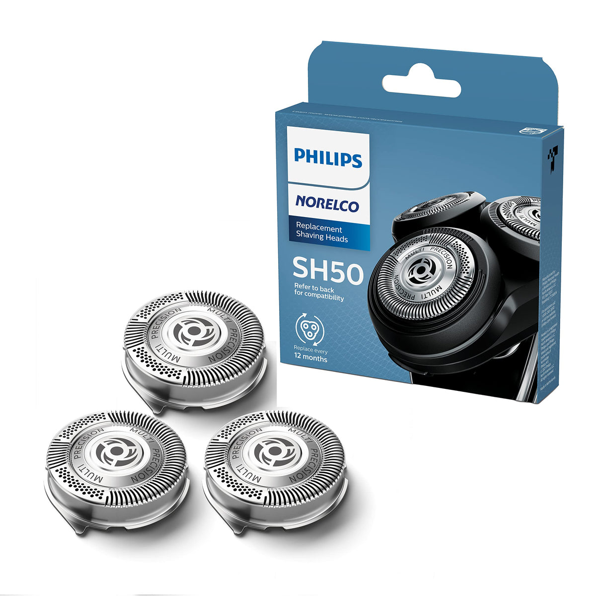 Norelco SH50/52 front packaging showing three replacement heads and benefits