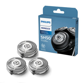 Norelco SH50/52 front packaging showing three replacement heads and benefits