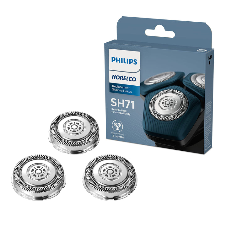Norelco SH71/52 front packaging showing genuine replacement heads benefit precision