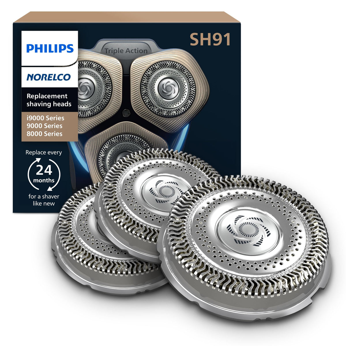 Norelco SH91/52 front packaging showing three replacement heads and compatibility