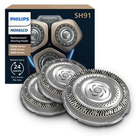 Norelco SH91/52 front packaging showing three replacement heads and compatibility