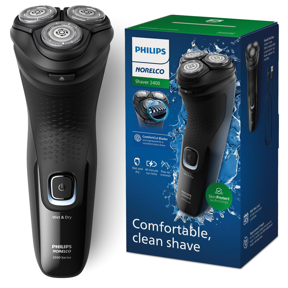 Norelco shaver 2400 front view showing compact ergonomic design and easy grip