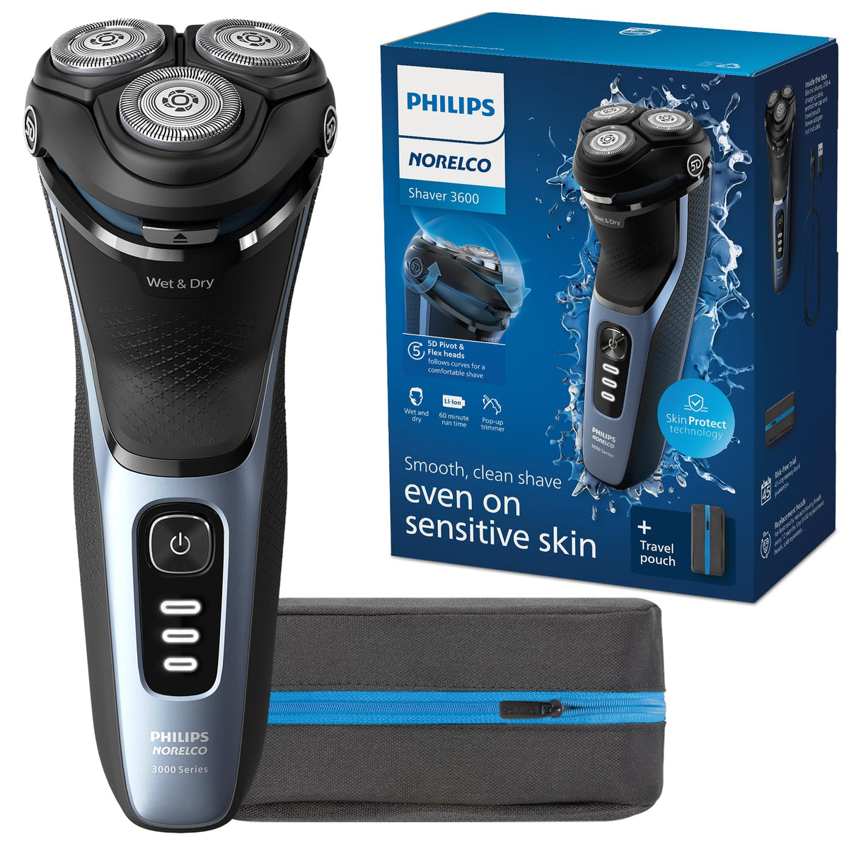 Norelco front view showing storm blue body and ergonomic grip for comfortable handling
