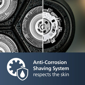 Norelco shaver being used in shower demonstrating wet-shave convenience
