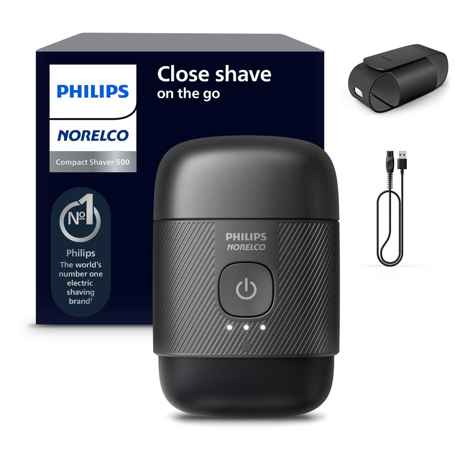 Norelco shaver 500 front view showing compact design and ergonomic grip benefit