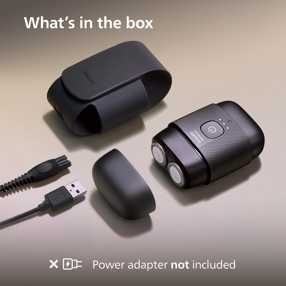 Norelco shaver 500 USB-A cable and case showing charging and storage portability