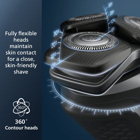 Norelco shaver 5400 close-up of flexible shaving heads highlighting contour-following comfort