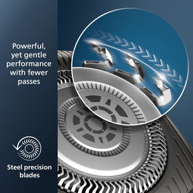 Norelco shaver 5400 LED display lit indicating battery status and intuitive control benefit